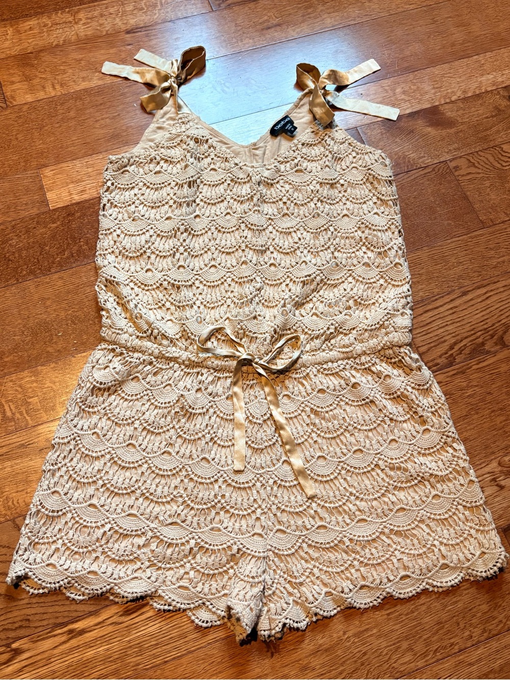bebe Cream Crochet Tie-Shoulder Romper